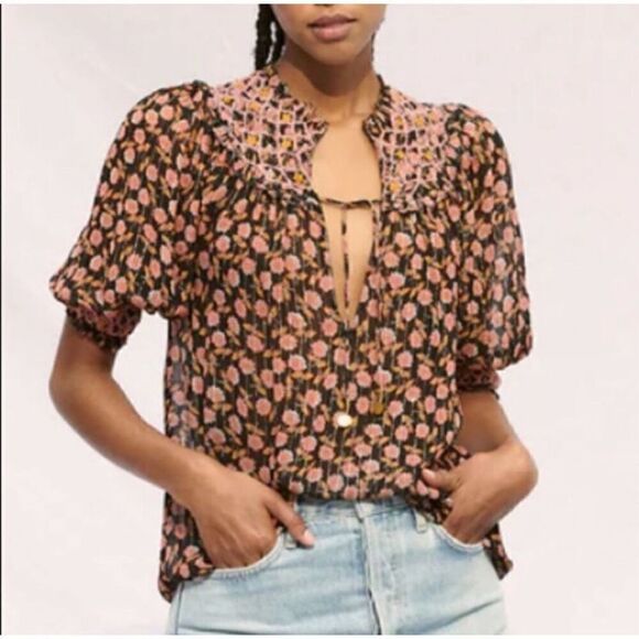 Saylor Peggy Embroidered Floral Sheer Blouse | S - Picture 1 of 8